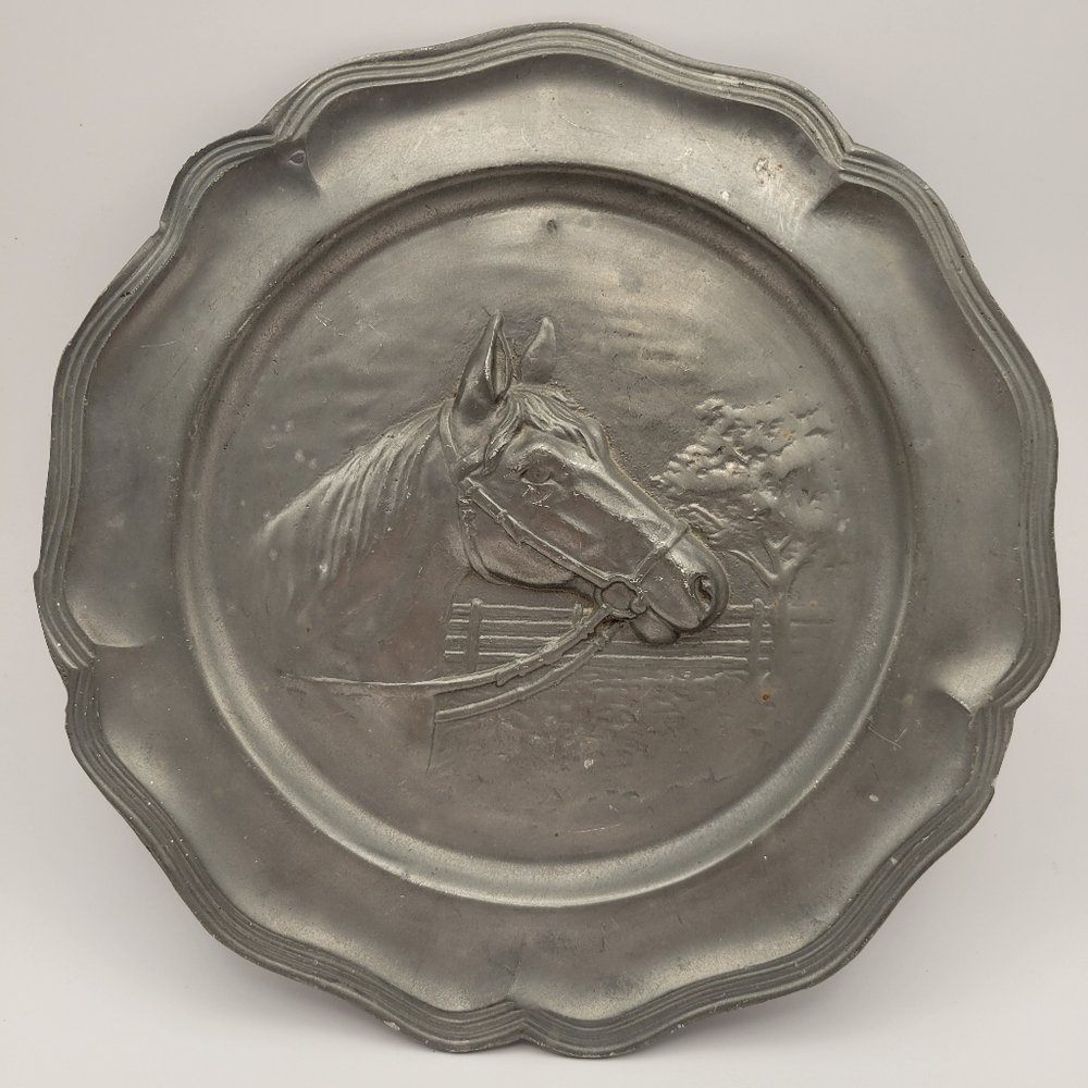 Antique German Tin Pewter Horse Head Plate Trophy Wall Hanging 9 Inch ETAIN 90
